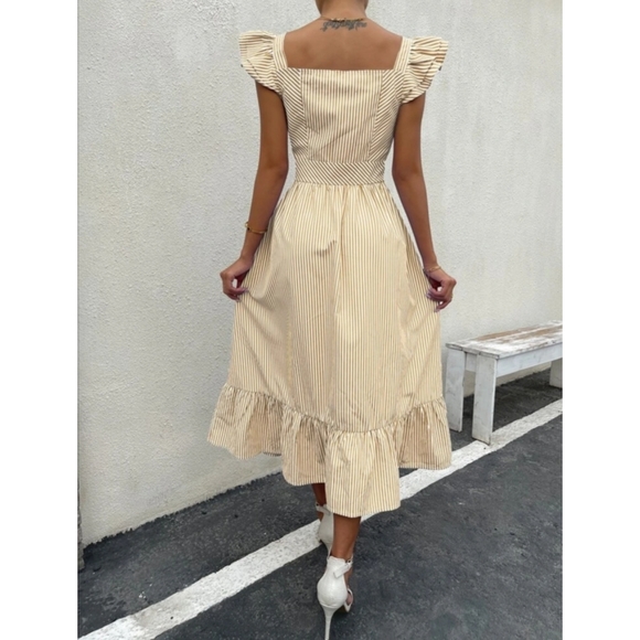 Boho Button Front Striped Ruffle Midi Dress - Picture 2 of 6